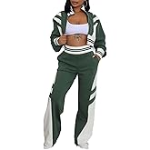 Tbahhir Casual Outfits for Women 2 Piece Color Block Tracksuit Long Sleeve Crop Top and High Waist Pants Jogger Set Fall