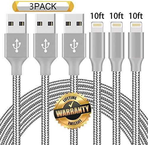 GUIGUI iPhone Cable 3Pack 10FT, Extra Long Nylon Braided Charging Cord Lightning Cable to USB Charger for iPhone X, 8, 7, 7 Plus, 6S, 6, SE, 5S, 5, iPad, iPod Nano 7 (Grey)