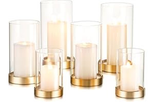 Hewory Hurricane Candle Holder for Pillar Candles: Gold Votive Candle Holders Set of 6, Glass Hurricane with Metal Candle Plate, Pillar Candle Holder for Table Centerpiece Wedding Holiday Home Decor