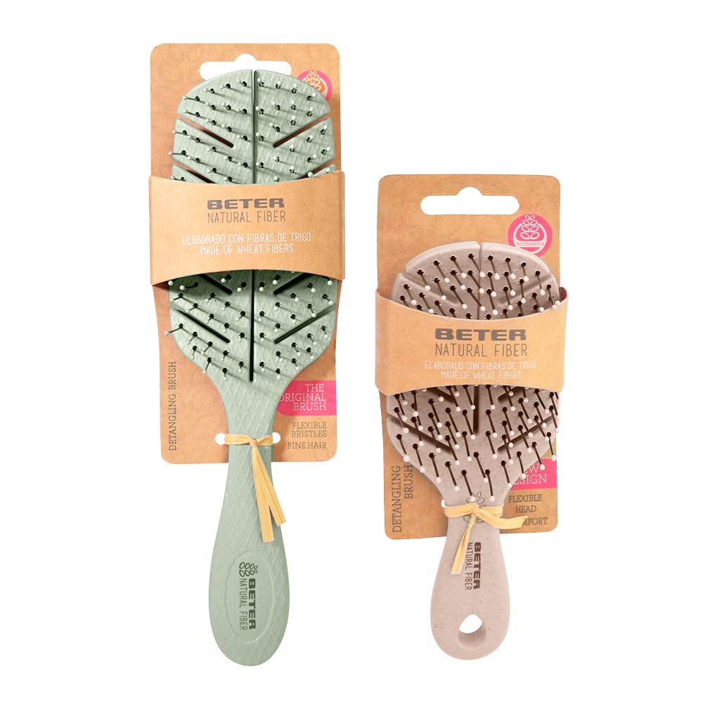 Beter - Pack of Natural Fiber Hair Brushes - Anti-Pull Brush + Mini Brush, Detangling Hair Brush, Ideal for Travel, Made with Natural Materials