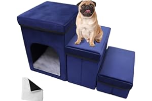 BSKETA Dog Stairs,Pet Stairs for Small Dogs/Cats,Dog Steps for High Beds,3-Step Pet Stairs with Storage Box and Pet House,Folding Puppy Dog Ramp Non-Slip Dog Stairs to Beds and Couch [Hold Up to 150 lbs]