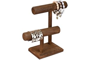 Ikee Design 2 Tier Wooden Jewelry Bracelet Watch Display Tower, Bangle Scrunchie Necklace Holder Storage Stand, 7.9 W x 4.3 D x 9.4 H in, Brown Color