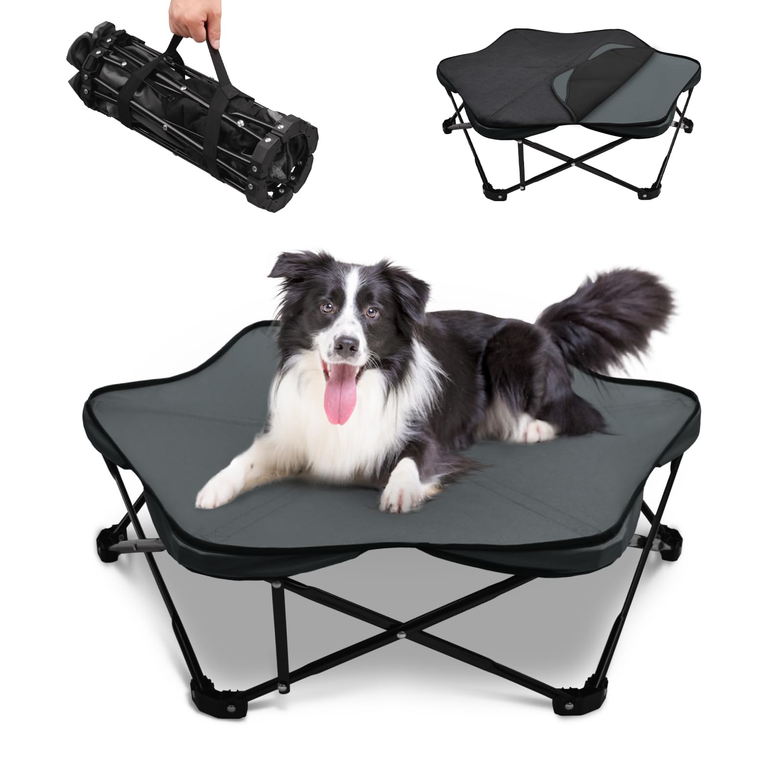 Photo 1 of Pozico Hexagonal Foldable Outdoor Dog Bed Gray Cooling Elevated Dog Cot with Metal Frame,Portable Camping Dog Bed,Breathable Mesh,Large/Medium Dogs Cats Pets Bed,Indoor and Outdoor Use, Up to 85 lbs