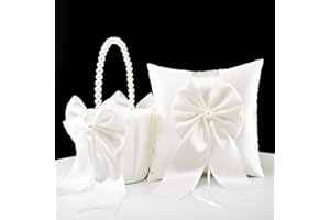 ATAILOVE Flower Girl Baskets and Ring Bearer Pillow Set, Flower Girl Basket with Pearl Handle, Ivory Fariy Wedding Baskets for Flower Girls, Ring Pillow for Ring Boy