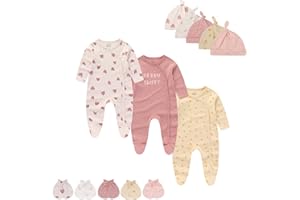 MAMIMAKA Baby Boy Girls Clothes 2-Way Zip Footed Long Sleeve Cotton Newborn Caps and Scratch Mittens Set