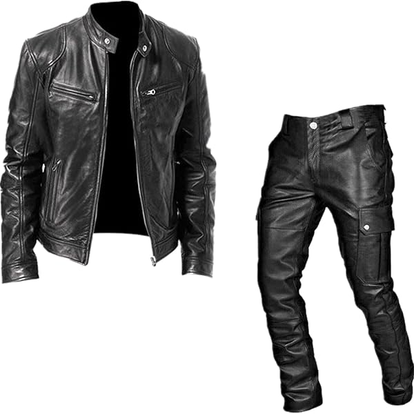 Men's Casual PU Coat Leather Pants Set Motorcycle Two-Piece