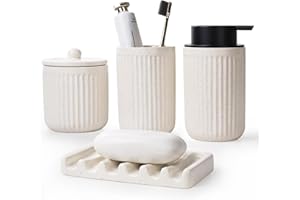 BosilunLife Beige Bathroom Accessories Set - Ceramic Bathroom Counter Soap Set Bathroom Decor Sets Accessories Bathroom Lotion Soap Dispenser and Toothbrush Holder Set, Soap Dish, Apothecary Jars