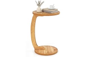 Giantex C-Shaped Round Side Table, 24" Solid Teak Wood Bedside Couch Sofa End Tables w/Thickened Top & Sturdy Base, 2-Tier Co