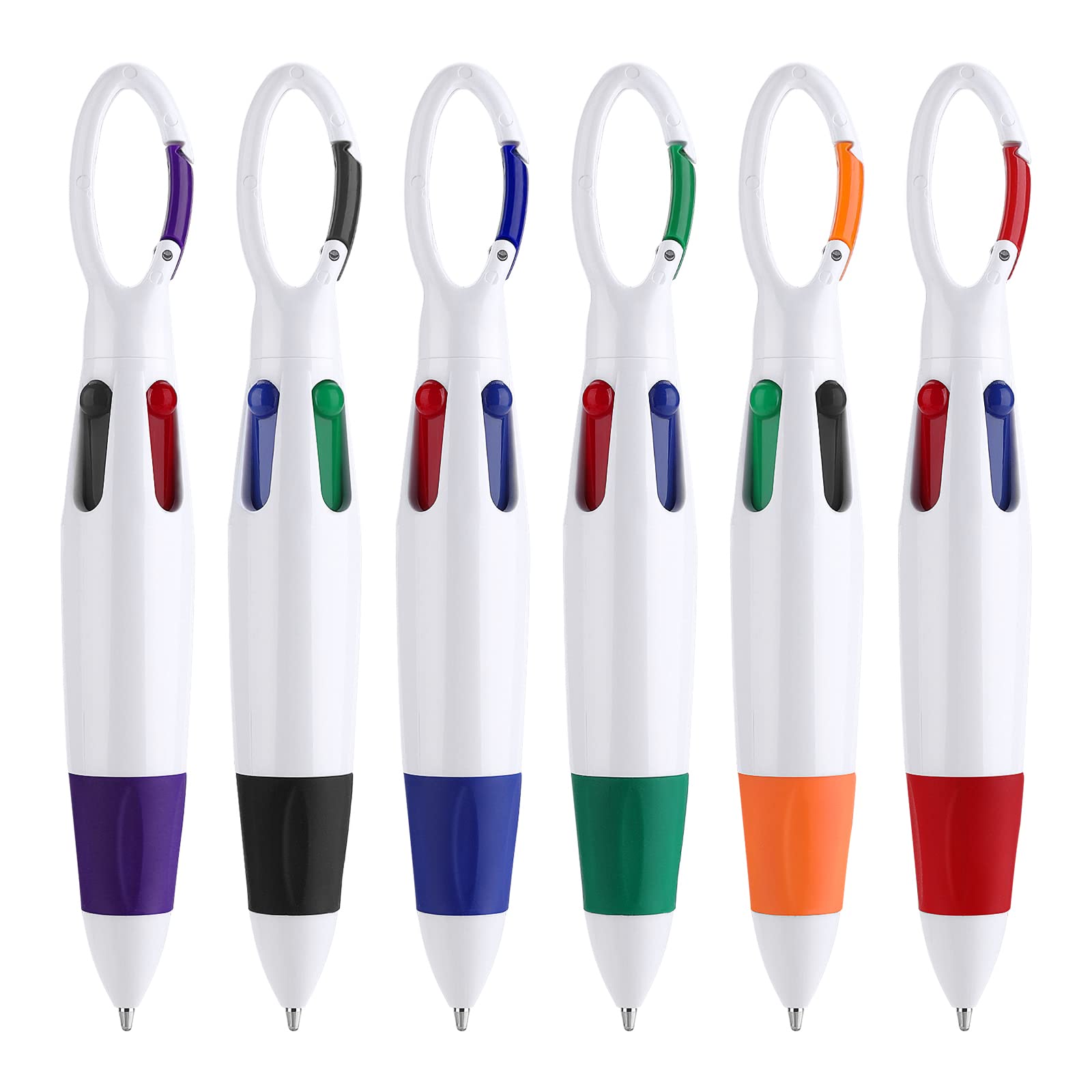 TIESOME 6 Pieces Retractable Shuttle Pens, Portable 4-in-1 Ballpoint Pens Multicolor Pens with Buckle Keychain on Top for Office School Supplies Students Gifts Party Favors