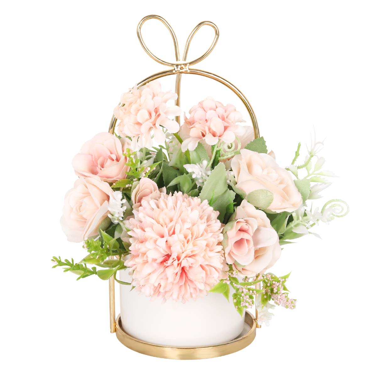 Hobyhoon Artificial Silk Flowers with Vase Fake Hydrangea & Chrysanthemum Floral Arrangement for Home Wedding Decor, Table Centerpiece, Living Room Desk Decoration
