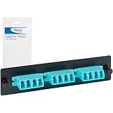 ICC LC-LC Fiber Optic Adapter Panel, LGX, 12-Fiber Multimode 10G, 1-Pack | OM3 50/125 micron, aqua UL 94V-0 ABS bodies, black steel, metal sleeves, tool-less push pins, rack/wall fit, ANSI/TIA-568-C.3