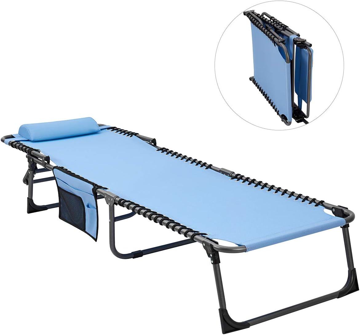 #WEJOY Folding Chaise Lounge Chair Adjustable Reclining Patio Lawn Chair Camping Sleeping Bed with Pillow & Side Pocket, for Beach Yard Outdoor Pool Sunbathing: Kitchen & Dining