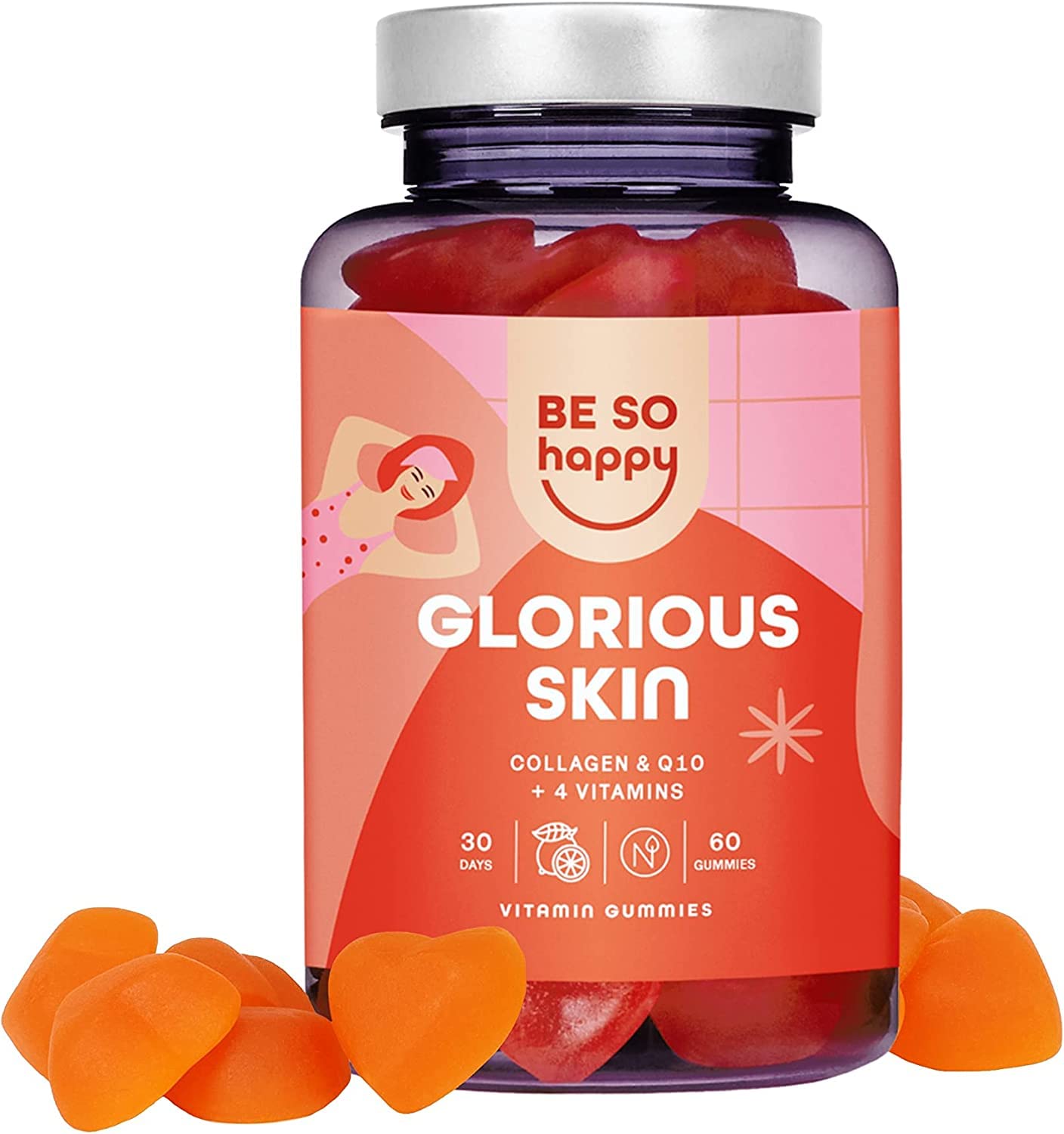 BeSoHappy® Collagen Gummies for Women with Coq10, Biotin, Vitamin E, Vitamin A and Vitamin C, Nourishes Your Skin with Delicious Citrus Flavor, 60 Gummies, Lactose Free and Gluten Free.