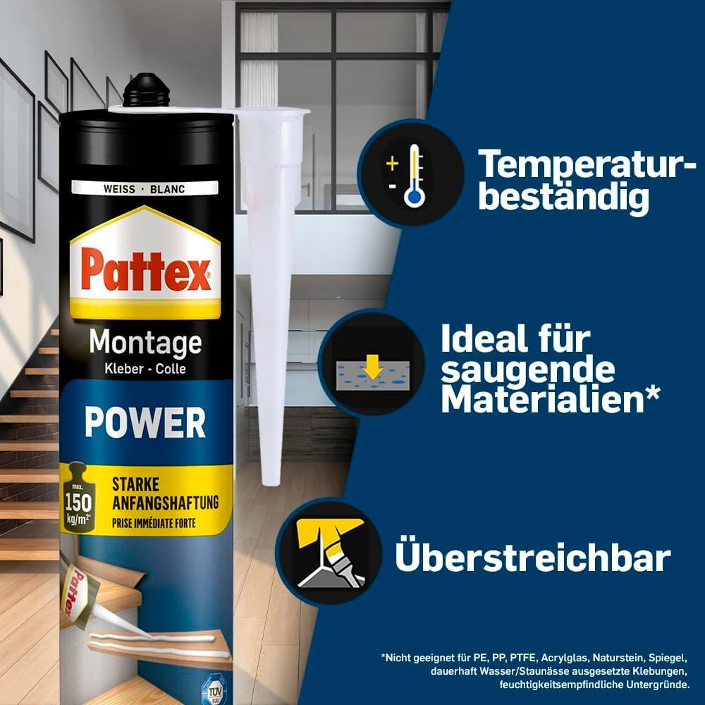 Pattex Montagekleber Power, Baukleber mit starker Anfangshaftung, Kraftkleber für saugende Materialien, Kleber für innen & außen, 1 x 370g 2