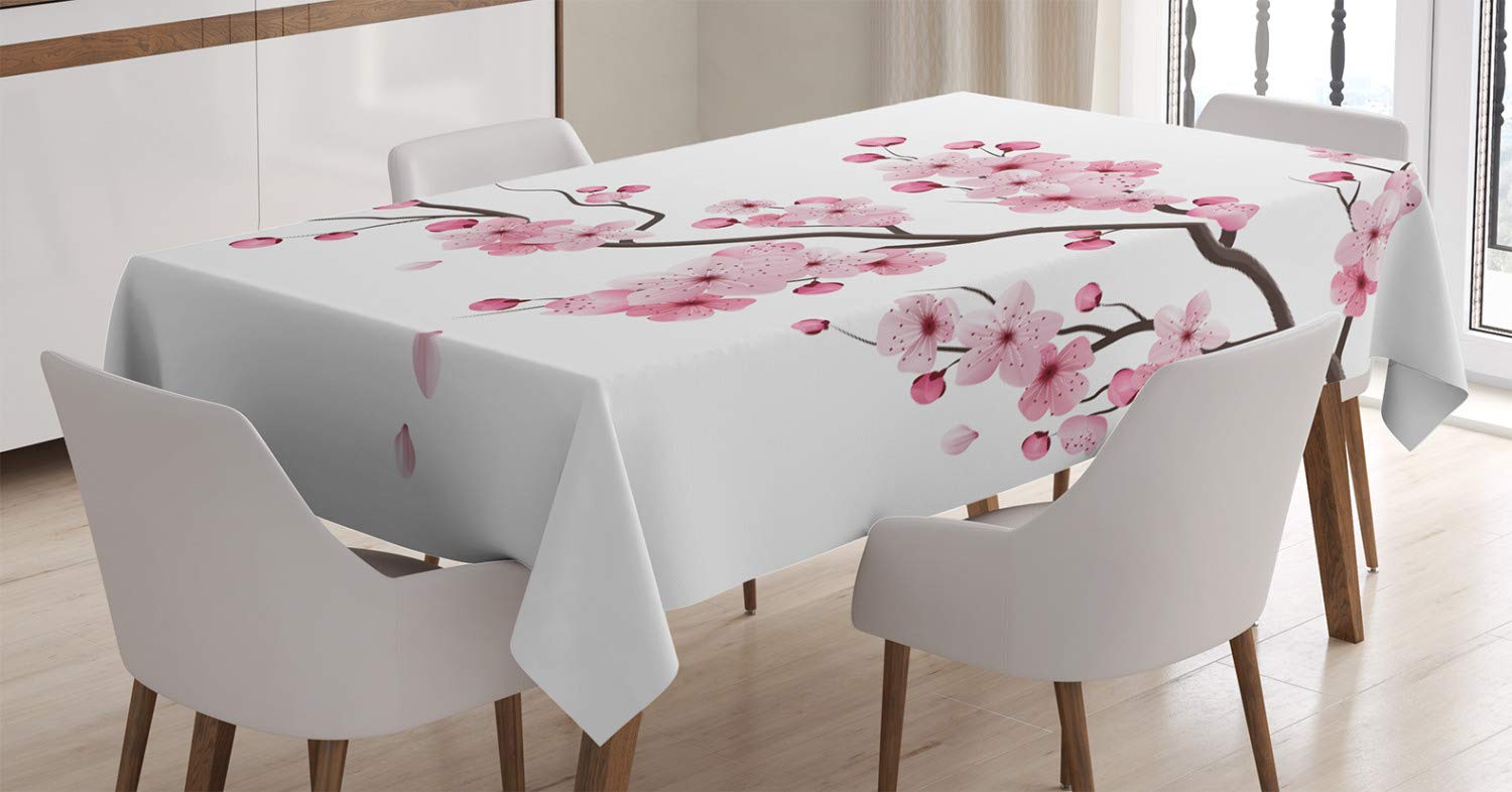 ABAKUHAUS Asian Tablecloth, Illustration of Japanese Cherry Branches with Blooming Flowers Spring Themed Boho Art, Dining Room Kitchen Table Cover, 54" x 94", White Pink