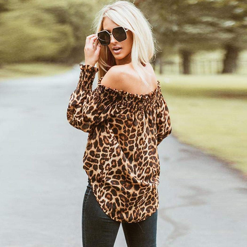 BiuKen Women Casual Slash Neck Long Sleeve Leopard Print Pullover Off-Shuolder T-Shirt Knits & Tees