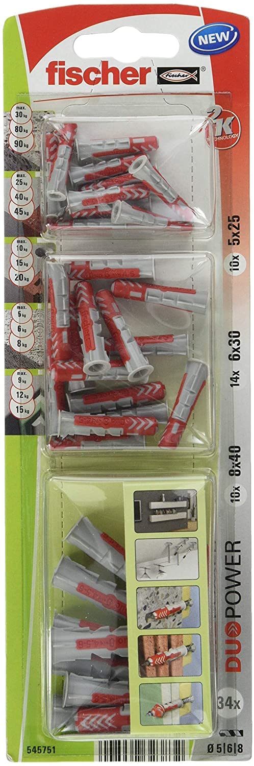 fischer 545751 DuoPower Wall Plugs Multipack, 5x25 / 6x30 / 8x40, Red & Grey, 34 Pieces