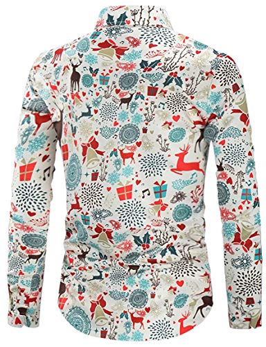 RAISEVERN Mens Fun Christmas Long Sleeve Button Down Shirts Santa Decoration Reindeers Printed Xmas Party Dress Shirt, White Christmas Day, XL