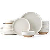 AmorArc Ceramic Dinnerware Sets for 6, 18 Pieces Handpainted Plates and Bowls Set with Rustic Terracotta Underside, Scratch Resistant Stoneware Dishes Set, Dishwasher & Microwave Safe,Light Beige