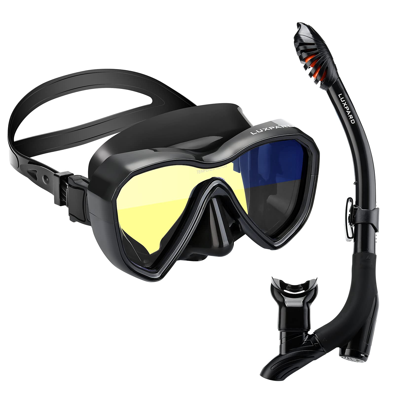 Photo 1 of LUXPARD Snorkel Set, Anti-Fog Panoramic View Snorkel Mask and Anti-Leak Dry Snorkel Tube, Snorkeling Gear for Adults, Snorkel Kit Bag Included (Black)