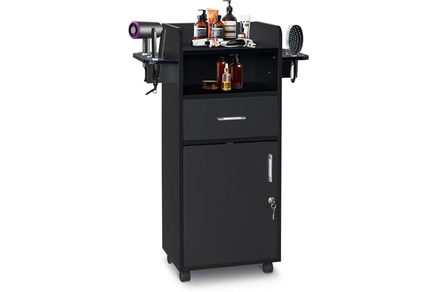 Winado Beauty Salon Trolley Cart, Salon Cabinet with 360° Wheels, 6 Tool Holders, 1 Drawer, Salon Station Rolling Cart for Hair Stylist Beauty Spa Barbershop, Black