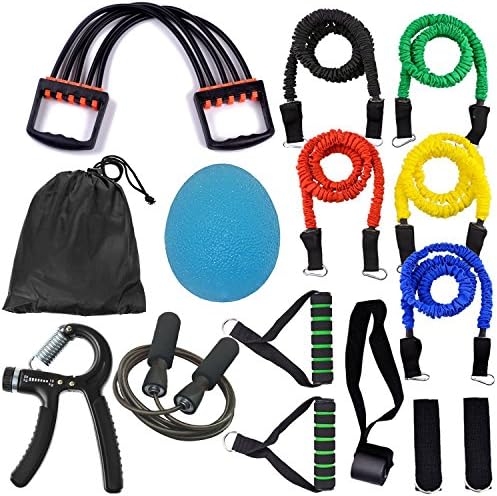 SUPETE 15pcs Resistance Band Set with Door Anchor Attachment,Handles,Ankle Straps,Stackable Up to 100lbs 6.6 ft Long Flat Resistnace Bands for Resistance Training,Physical Therapy,Home Workouts