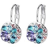 Multicolored Austrian Crystal Leverback Earrings for Women 14K Gold Plated Dangle Hoop Earrings Hypoallergenic Jewelry