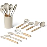�鶹�� Basics Silicone Cooking Utensils Set with Wooden Handle, 14-Piece Set, BPA-Free, Utensil Holder Included, Linen Gray