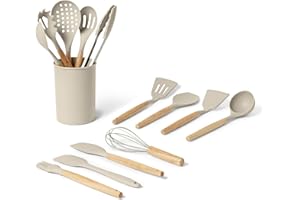 �鶹�� Basics Silicone Cooking Utensils Set with Wooden Handle, 14-Piece Set, BPA-Free, Utensil Holder Included, Linen Gray