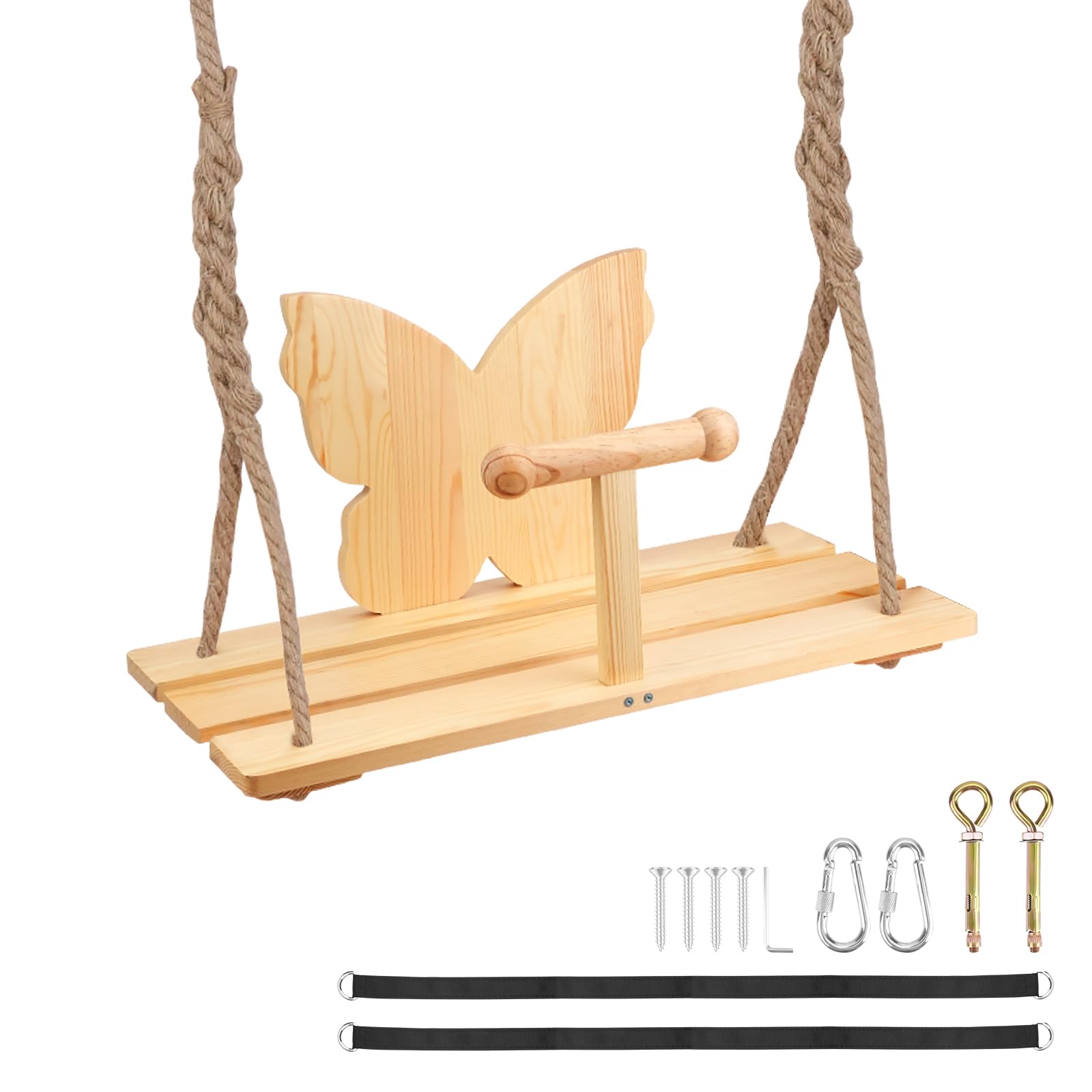 CXRYLZ Wooden Swing Seat, Hanging Swing Chair with 2m Adjustable Hemp Rope & Backrest Sets, Garden Durable Swing for Kids Adults Indoor Outdoor Playground Tree Beech, 60x30cm 240Kg/500lbs Load