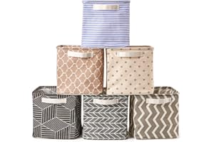 EZOWare 6 Pcs Cube Storage Bin Baskets, Collapsible Linen Canvas Fabric Box Organizer with Handles for Nursery, Kids - Multi, 10.5 x 10.5 x 10.5 inch