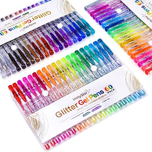 UnityStar 120-Set Glitter Gel Pen for Adult Coloring Books,60 Glitter Colors & 60 Ink Refills