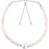 CRYSTALINES AAA Grade Natural Gemstones Beaded Bohemain Bolo Bracelet with White Pearl, Handmade Jewelry, Beaded Stones, Healing Crystals, Silver Adjustable Chain, Christmas Gift for Women, 10inch