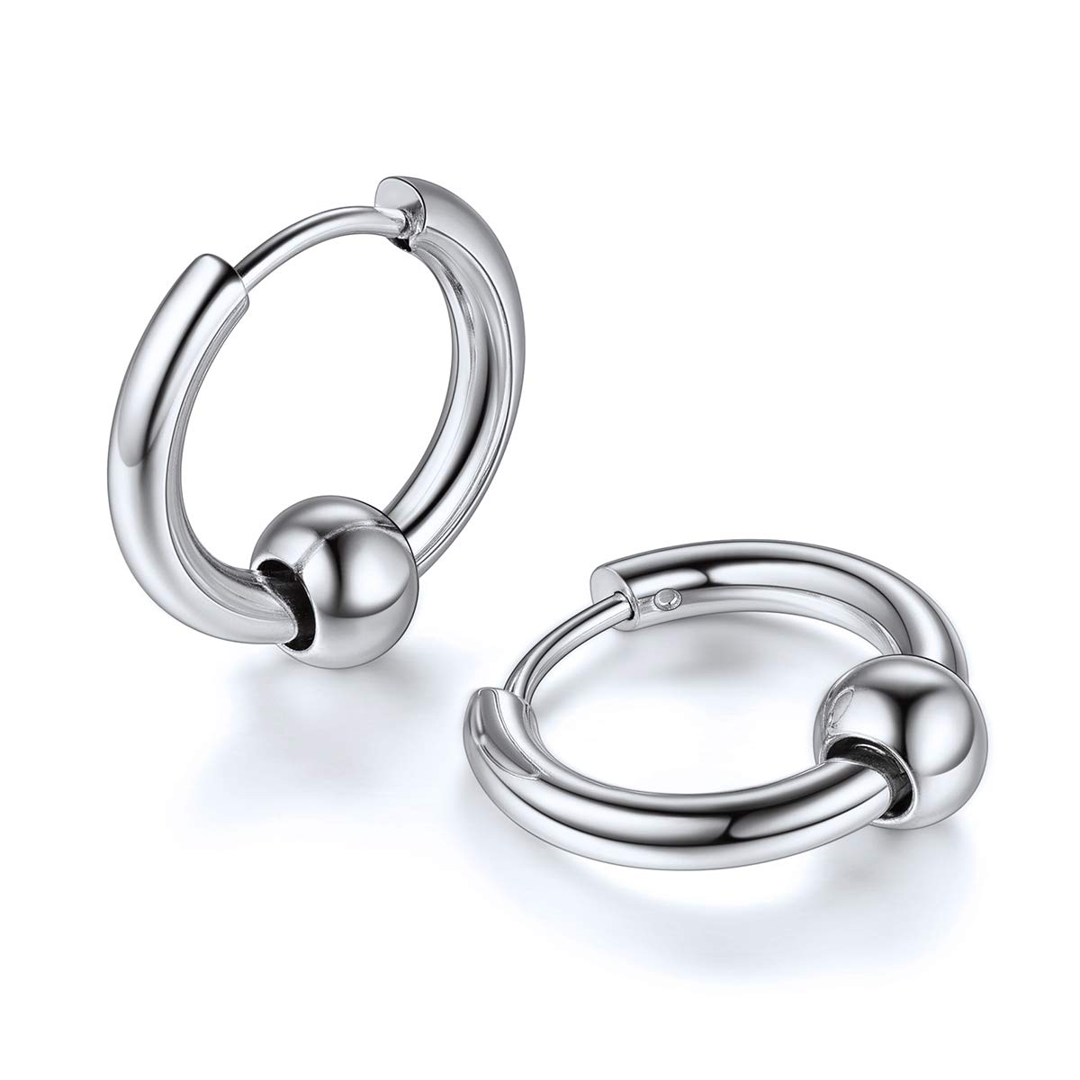FOCALOOK Mens Hoop Earrings Stainless Steel Silver Color Ball Hinged Hoops Piercing Huggie Earrings for Father 17mm