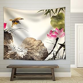 Ink Lotus Painting Hand Drawn - Fabric Wall Tapestry Home Decor - 51x60 inches