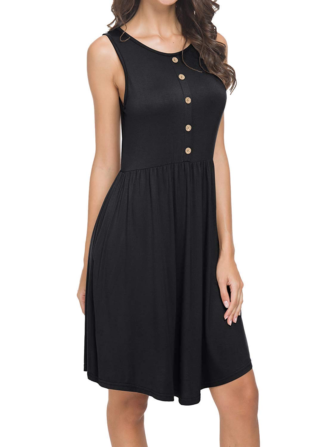 Annystore Women\'s Dress with Pockets - Summer Sleeveless Button Casual Loose Swing T-Shirt Short Dress Black M