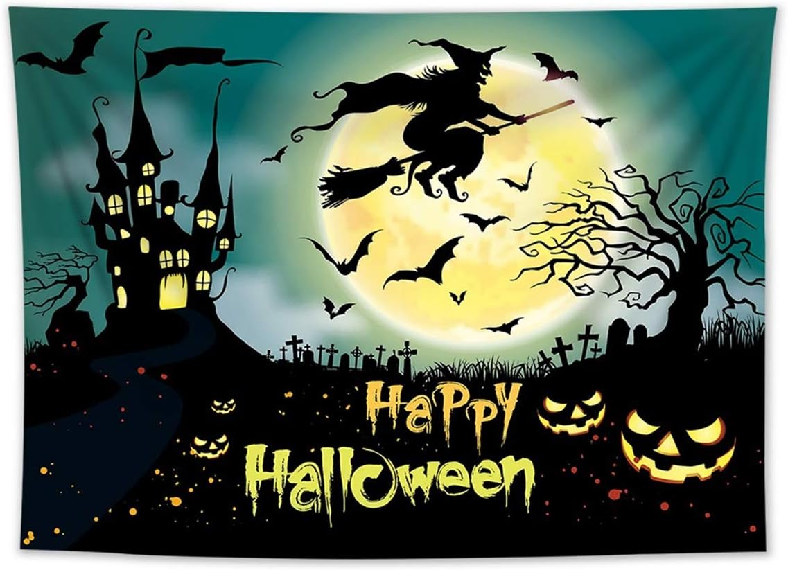 HVEST Halloween Night Tapestry Wall Hanging Hunted Castle Witch Moon Wall Tapestry Scary Pumpkins Bats Dark Branches Tapestry Halloween Backdrop for Bedroom Room Dorm Party Decor, 60Wx40H inches