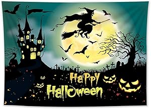HVEST Halloween Night Tapestry Wall Hanging Hunted Castle Witch Moon Wall Tapestry Scary Pumpkins Bats Dark Branches Tapestry Halloween Backdrop for Bedroom Room Dorm Party Decor, 60Wx40H inches