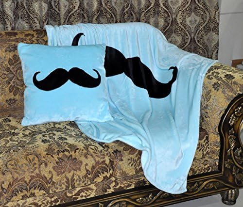 Super Soft Coral Fleece Mustache Throw Blue 50"x60" with Matching Cushion 16"x16"