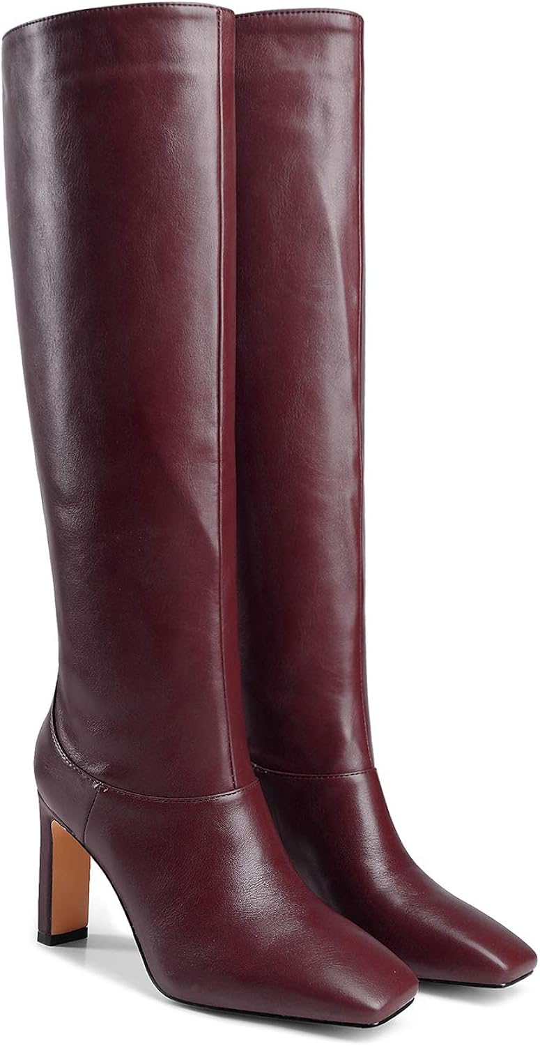 LEHOOR Women Knee High Chunky Heel Boots Matte Leather Square Closed