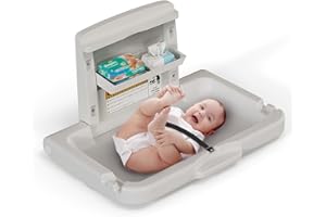 BELZAR Commercial Wall Mounted Baby Changing Station - Wall Mounted Changing Table with Safety Strap Paper Holder for Commercial Bathrooms, ADA Complaint White Gray