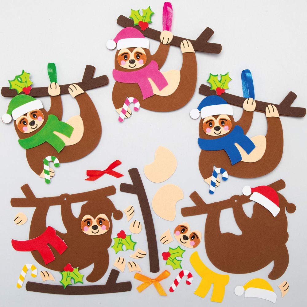 Baker Ross Christmas Sloth Mix and Match Decoration – Pack of 8, Kids Make Your Own Christmas Decoration, Christmas Bauble Arts and Crafts (AX574)