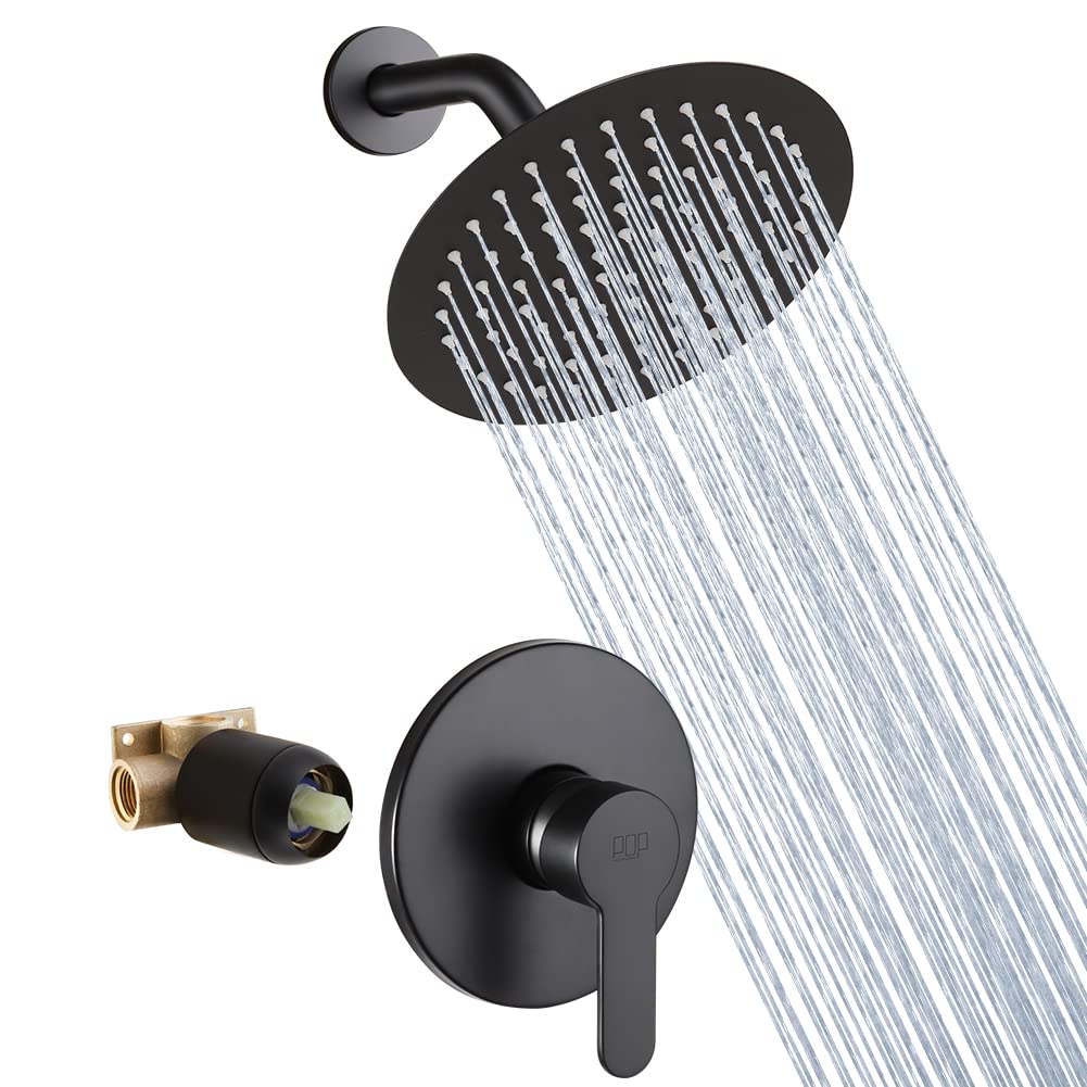 POP Black Shower Faucet Set, Single Function Shower Trim Kit with Rough-in Valve, Bathroom Rainfall Shower System with Round Stainless Steel Metal Showerhead