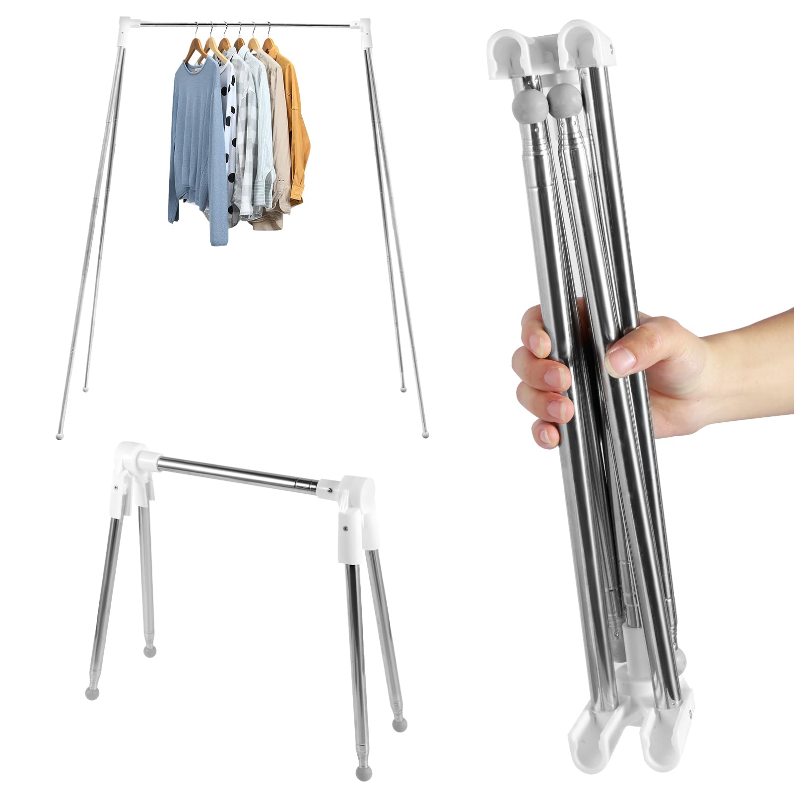 Sutowe Travel Garment Rack Stainless Steel Foldable Clothing Rail Retractable Clothes Hanging Stand Folding No Installation Laundry Drying Rack with Storage Bag Portable for Bedroom Camping