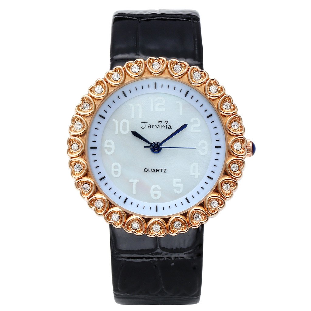JSDDE Uhren,Elegante Frauen Armbanduhr Herz Strass Damenuhr mit Muschel Echtleder-Band Rosegold Analog Qaurzuhr,Schwarz