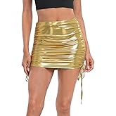 HDE Womens Shiny Metallic Skirt Holographic Drawstring Ruched Bodycon Mini Skirts