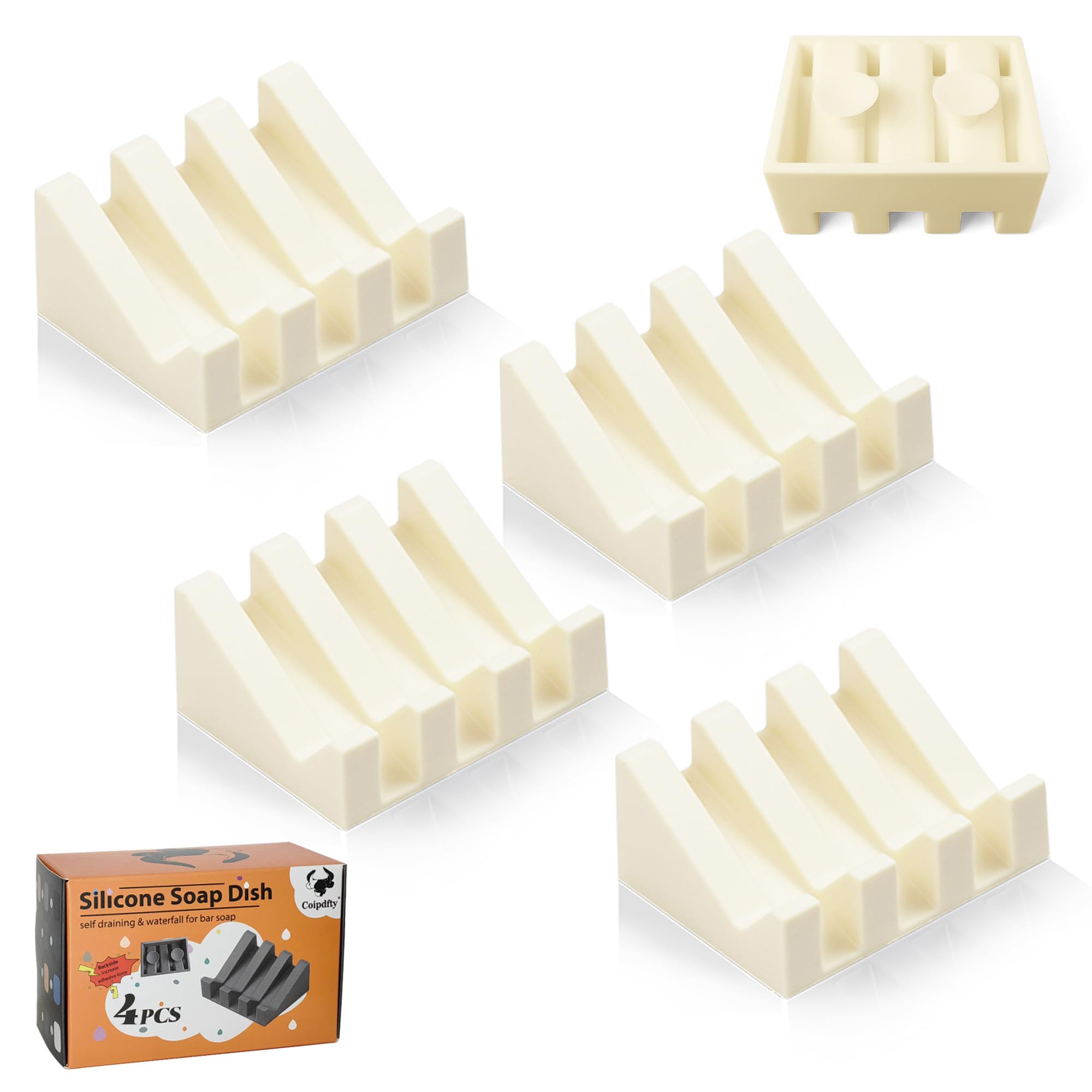 Coipdfty Soap Dish Holder for Shower with Suction Cup, Silicone Soap Holder & Saver Self-Draining Bar Soap Dish Keeps Soap Dry for Bathroom, Kitchen, Bathtub, Extends Soap Life (CreamWhite-4Pack) Image