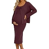Sweetyweee Maternity Dress Set 2 Piece Ribbed Sleeveless Dress with Bell Sleeves Cardigan for Baby Shower Photoshoot Wedding