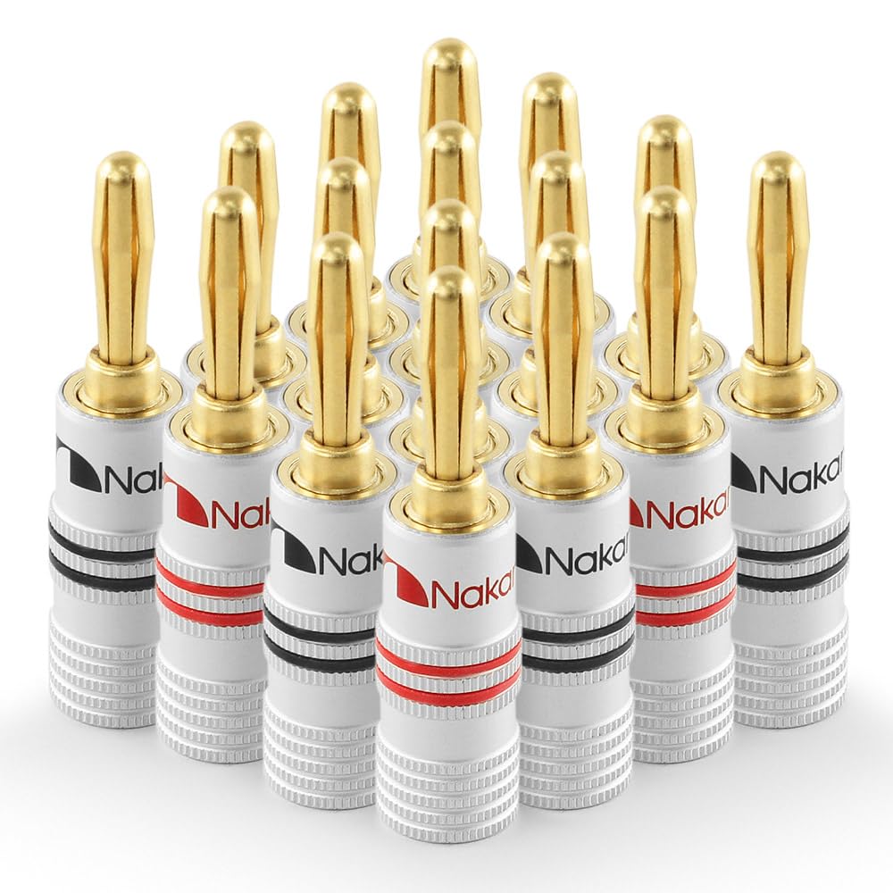 Nakamichi Excel Series 24k Gold Plated Banana Plugs 12 AWG - 18 AWG Gauge Size 4mm for Speakers Amplifier Hi-Fi AV Receiver Stereo Home Theatre Audio Wire Cable Screws Connector 16 Pcs (8-Pairs)