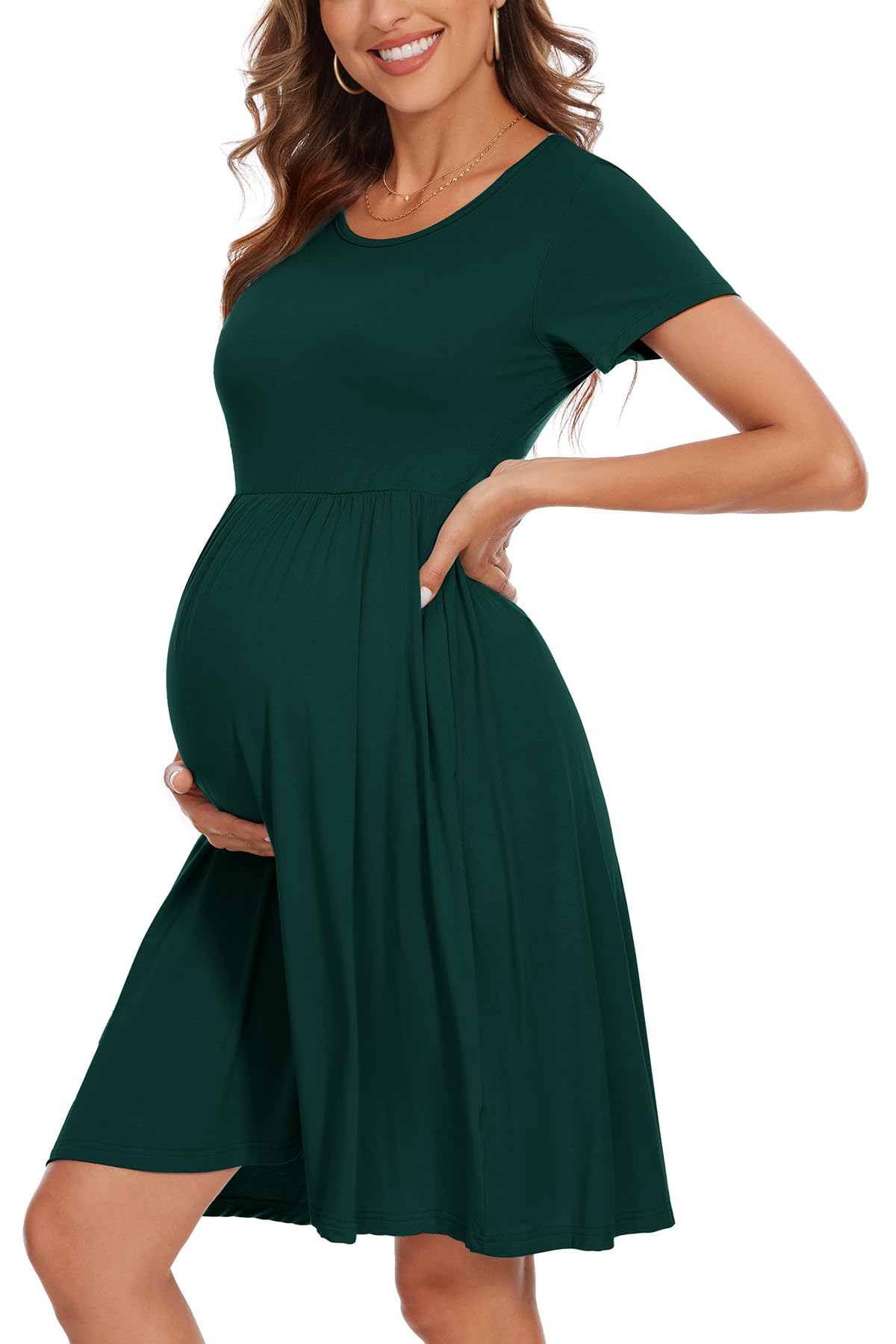 Photo 1 of WOOXIO Women's Short Sleeve Maternity Dress Patchwork Pregnancy Clothes with Pockets Deep Green,XL